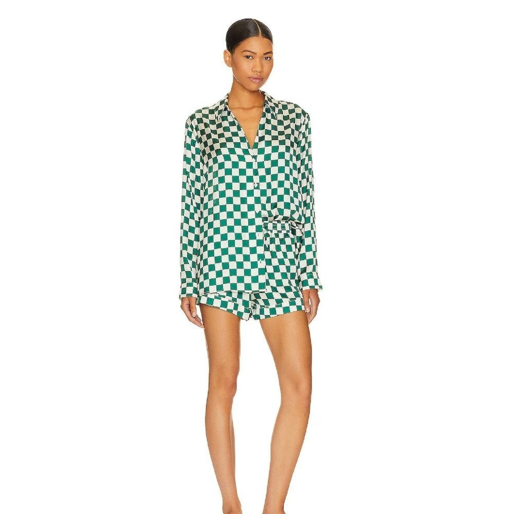 Show Me Your Mumu Revolve Pajama Set Shorts M Button Silky Check Collar Green